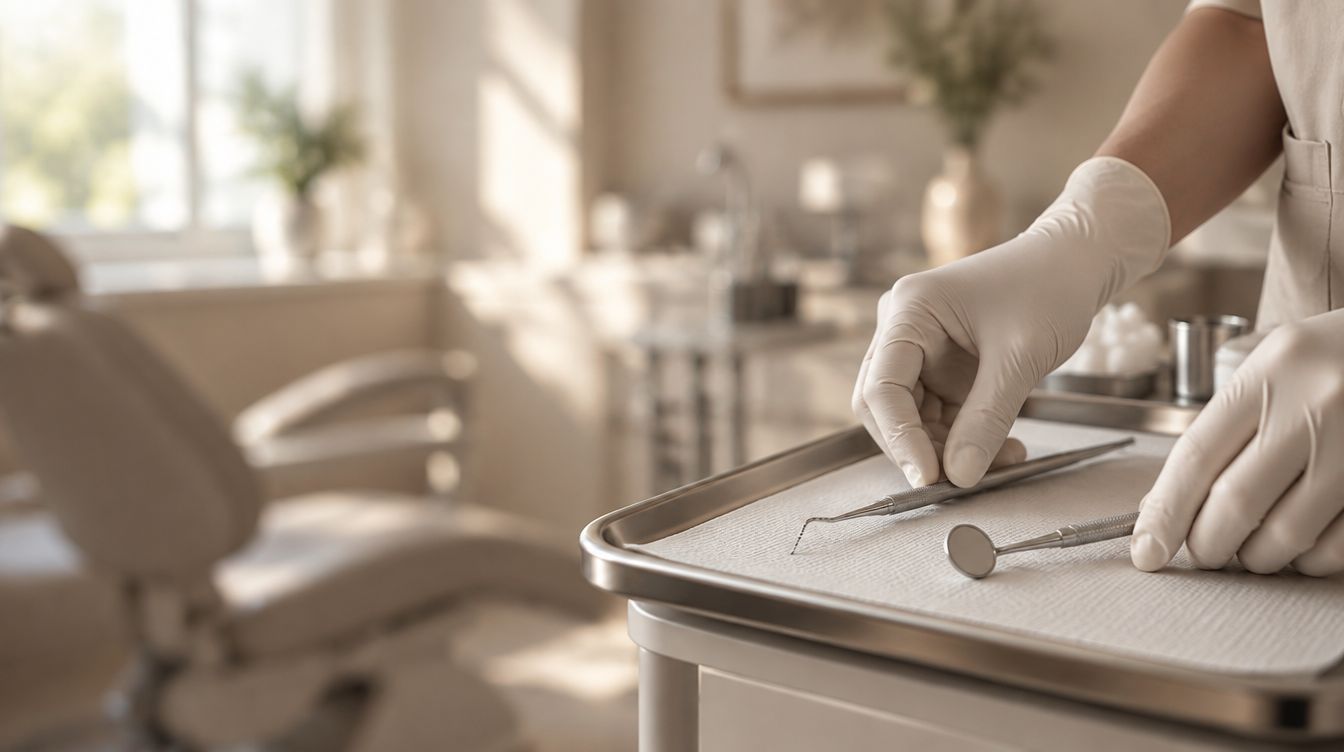 Handen van een mondhygiënist leggen instrumenten klaar